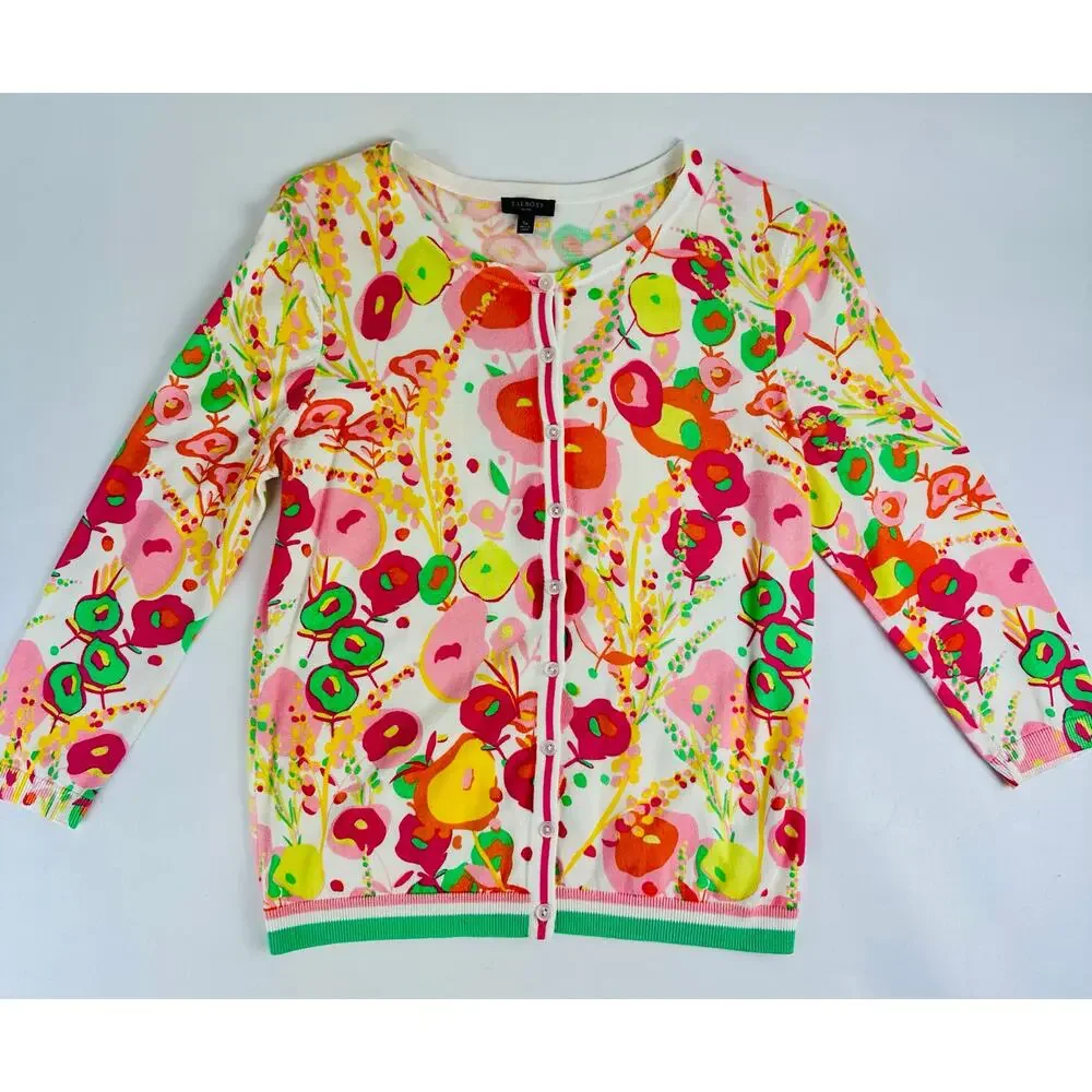 Talbots Small Floral Charming Cardigan Sweater Cotton Floral 3/4 Sleeve Bright - Picture 2 of 7